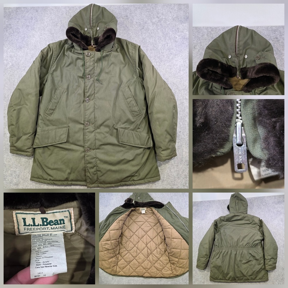 VTG LL Bean Parka Coat Mens 44 Green Hooded Canvas Fur Lined Insulated Military